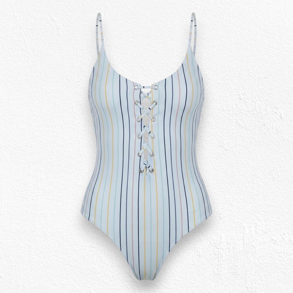 Tavik White Colorful Striped Retro Lace Up Monahan One Piece Swimsuit Size Small